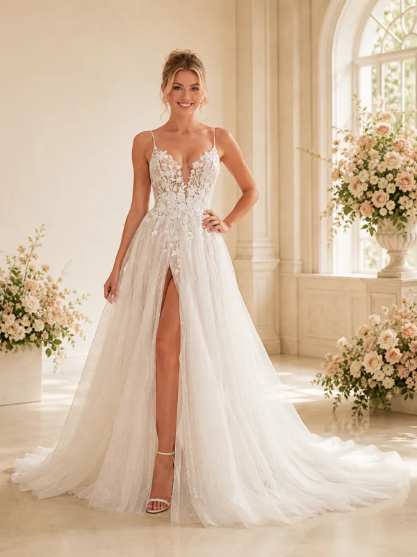 ChicSew Glam Spaghetti Straps A-Line Sleeveless Lace Glitter Tulle Long Wedding Dresses made by ChicSew