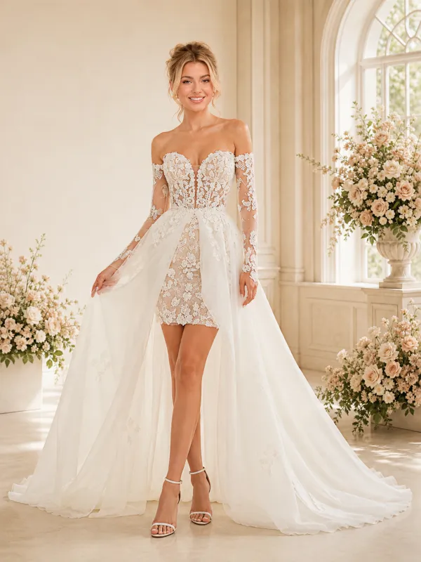 ChicSew Romantic Off The Shoulder Lace Wedding Dresses With Overskirt And Long Train made by ChicSew