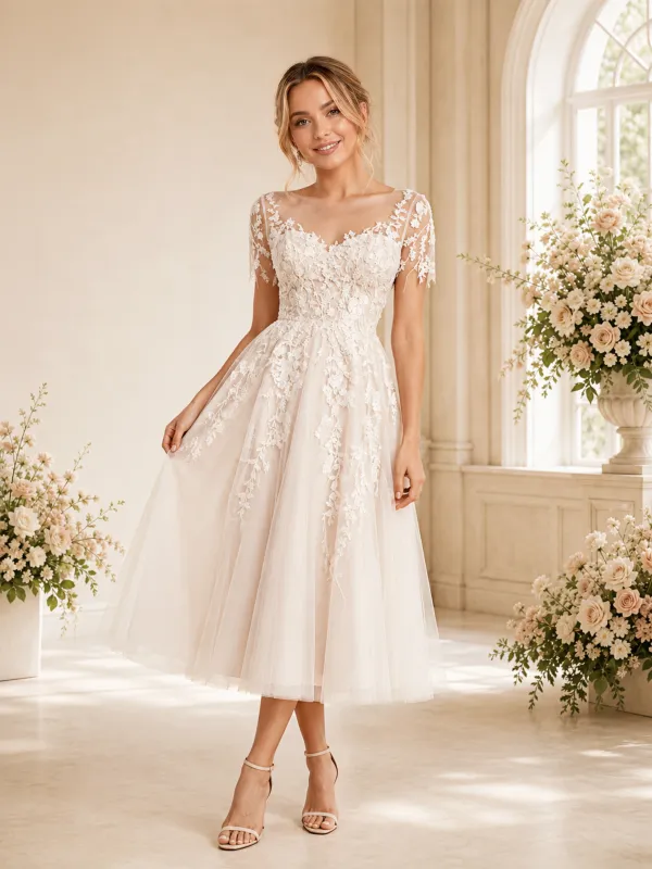 ChicSew Delicate Short Sleeve Lace Wedding Dress Lovely Tea-Length A-Line With Illusion made by ChicSew