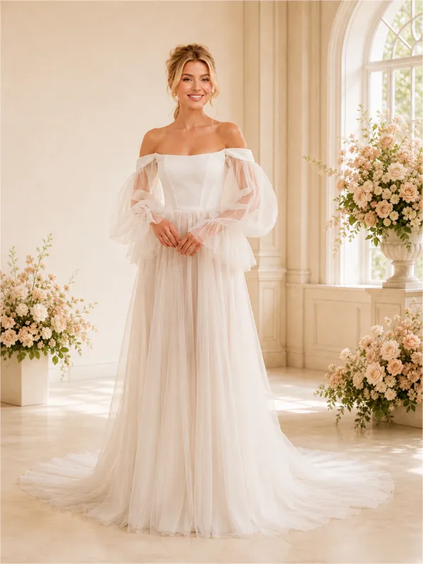 ChicSew Unique A-Line Off The Shoulder Long Sleeves Lace Tulle Maxi Long Wedding Dresses made by ChicSew