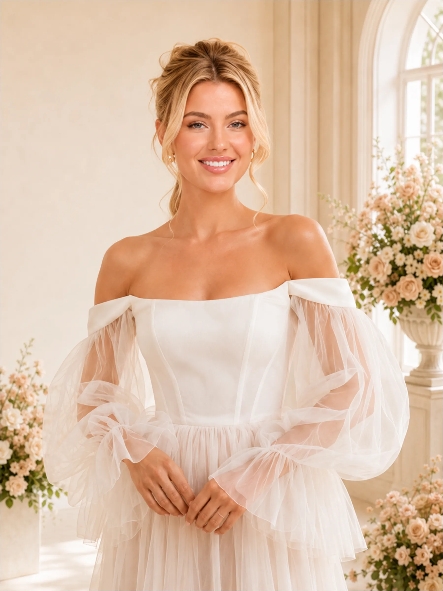 ChicSew Unique A-Line Off The Shoulder Long Sleeves Lace Tulle Maxi Long Wedding Dresses sold by ChicSew product image thumbnail 2