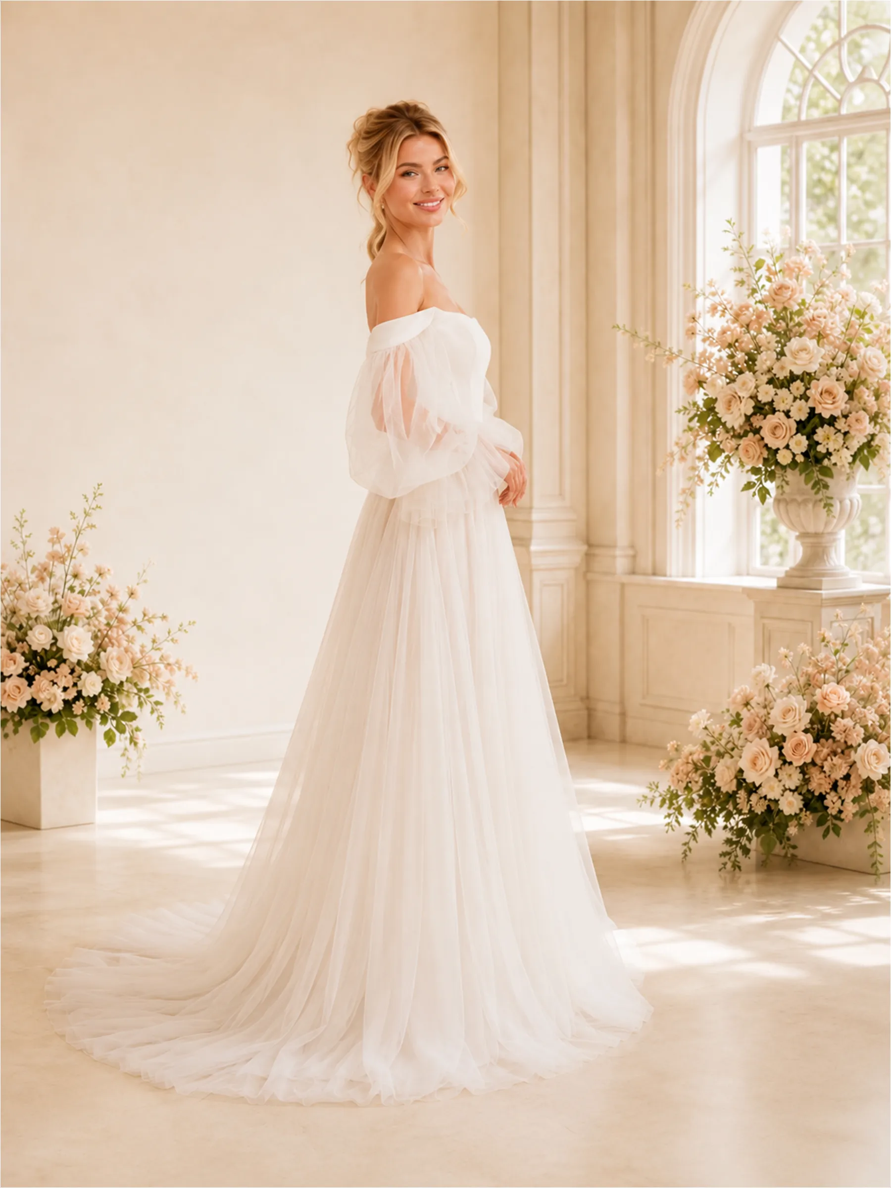 ChicSew Unique A-Line Off The Shoulder Long Sleeves Lace Tulle Maxi Long Wedding Dresses sold by ChicSew product image thumbnail 3