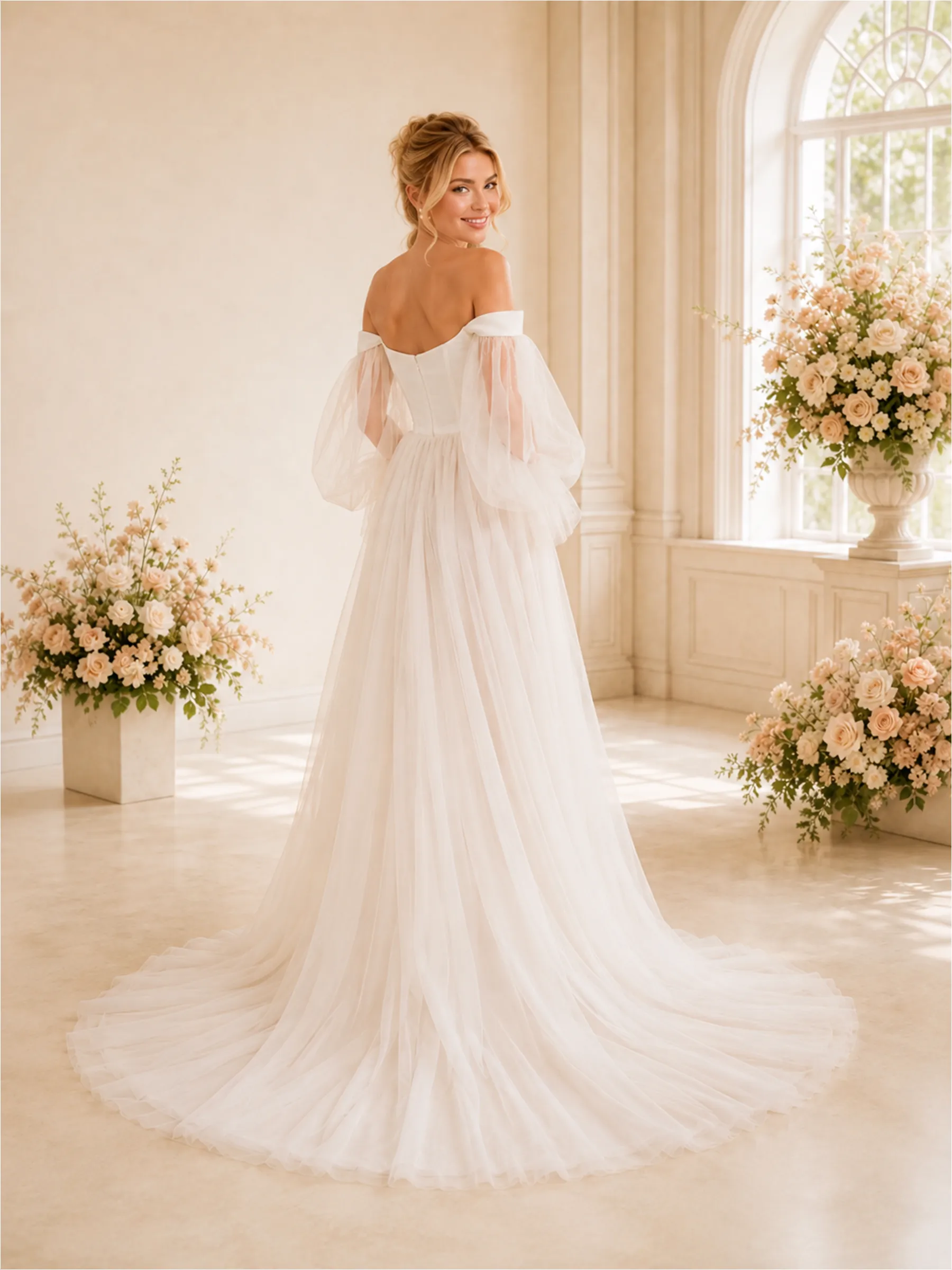 ChicSew Unique A-Line Off The Shoulder Long Sleeves Lace Tulle Maxi Long Wedding Dresses sold by ChicSew product image thumbnail 4