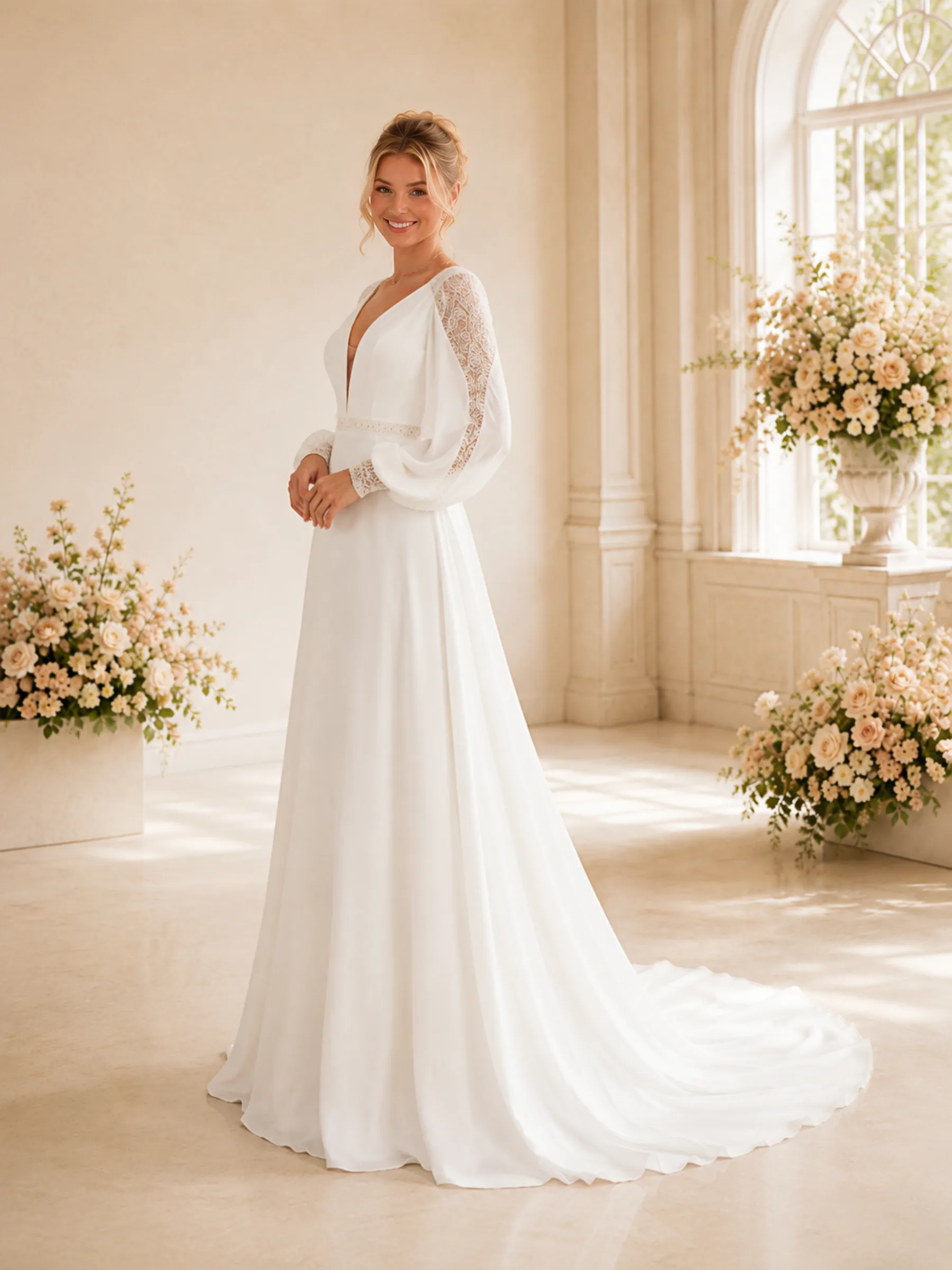 ChicSew Sexy A-Line Lace Chiffon Long Sleeves Deep V-Neck Long Wedding dresses sold by ChicSew product image thumbnail 3