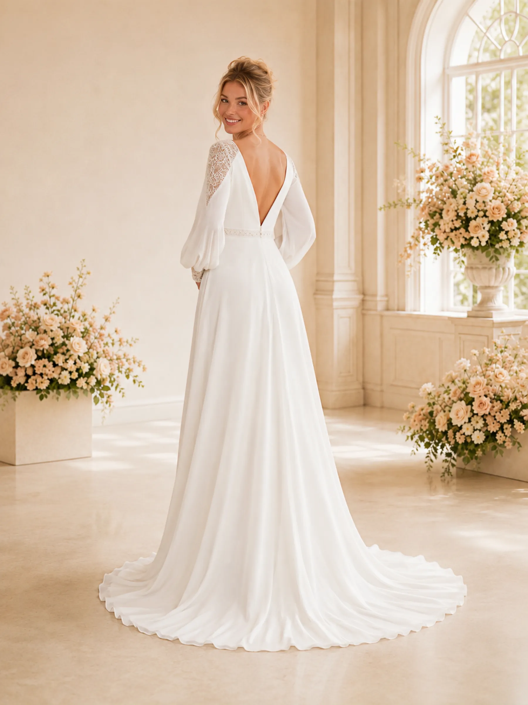 ChicSew Sexy A-Line Lace Chiffon Long Sleeves Deep V-Neck Long Wedding dresses sold by ChicSew product image thumbnail 4