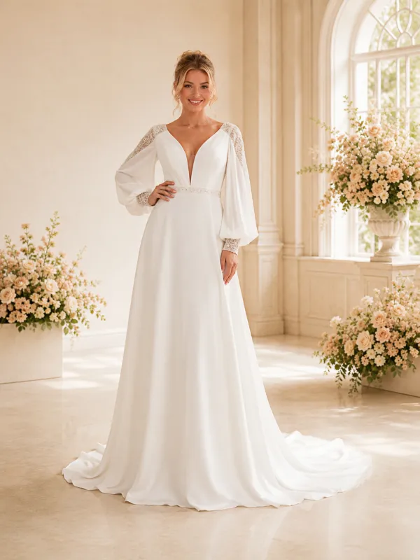 ChicSew Sexy A-Line Lace Chiffon Long Sleeves Deep V-Neck Long Wedding dresses made by ChicSew