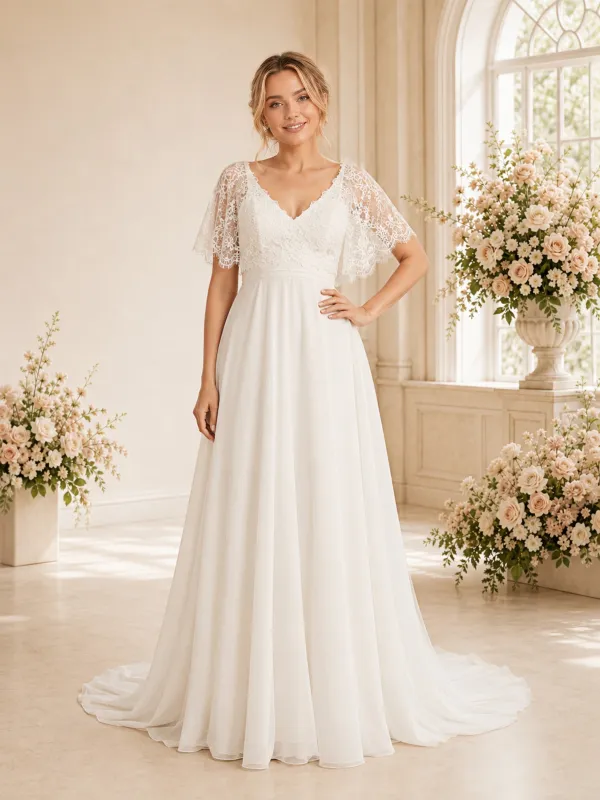 ChicSew Elegant A-Line Lace Chiffon Short Sleeves V-Neck Wedding dresses Online made by ChicSew