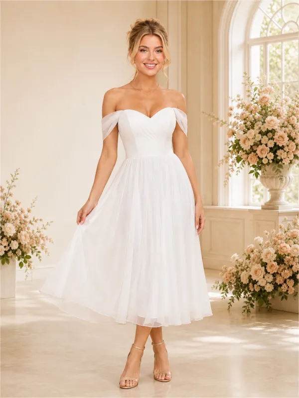 ChicSew Elegant A-line Off The Shoulder Midi Lace Tulle Wedding Dresses Online made by ChicSew