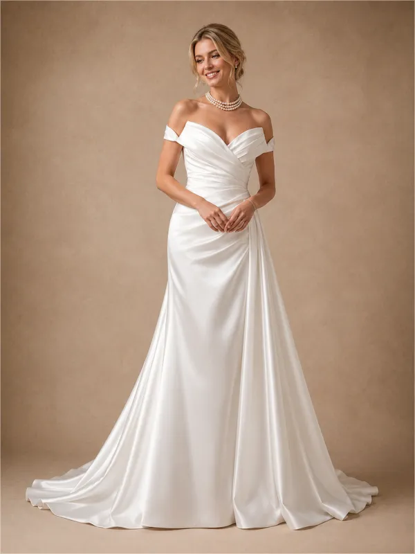 ChicSew Classic Off Shoulder V-Neck Ruching Sleeveless Satin Mermaid Floor-Length Wedding Dresses made by ChicSew