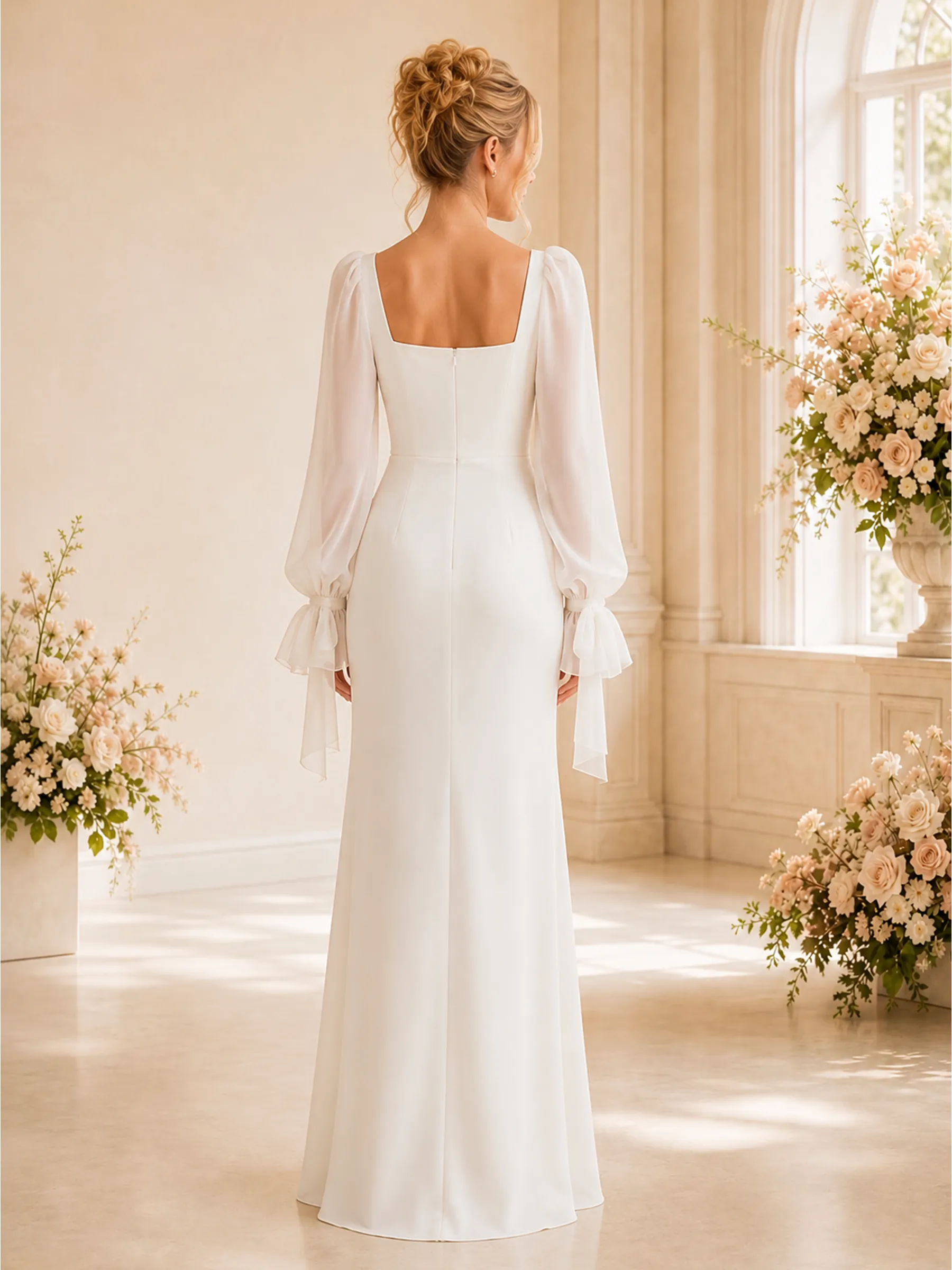 Modern Classy Sheath Floor-Length Square Neck Lace Long Puff Sleeve Crepe Wedding Dresses sold by ChicSew product image thumbnail 3