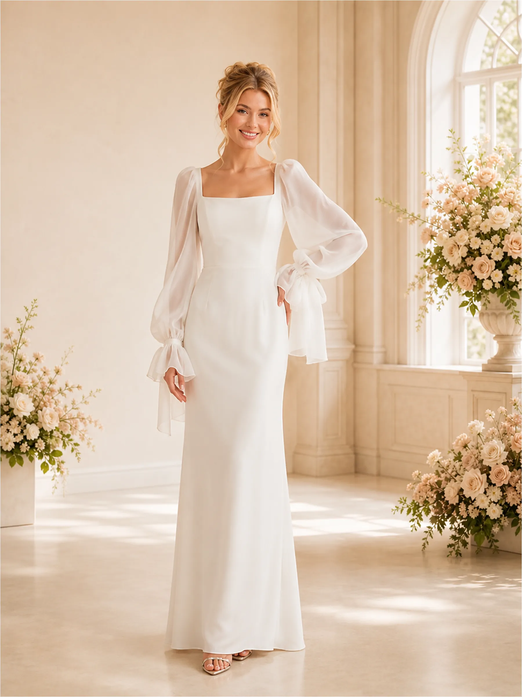 Modern Classy Sheath Floor-Length Square Neck Lace Long Puff Sleeve Crepe Wedding Dresses sold by ChicSew