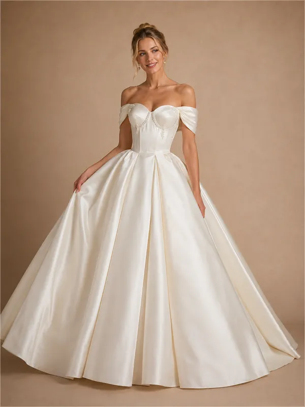 ChicSew Classic Off Shoulder Sleeveless Satin A-Line Floor-Length Wedding Dresses With Beading made by ChicSew
