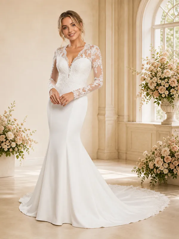 ChicSew Beautiful V-Neck Long Sleeve Crepe Mermaid Foor-Length Wedding Dress made by ChicSew
