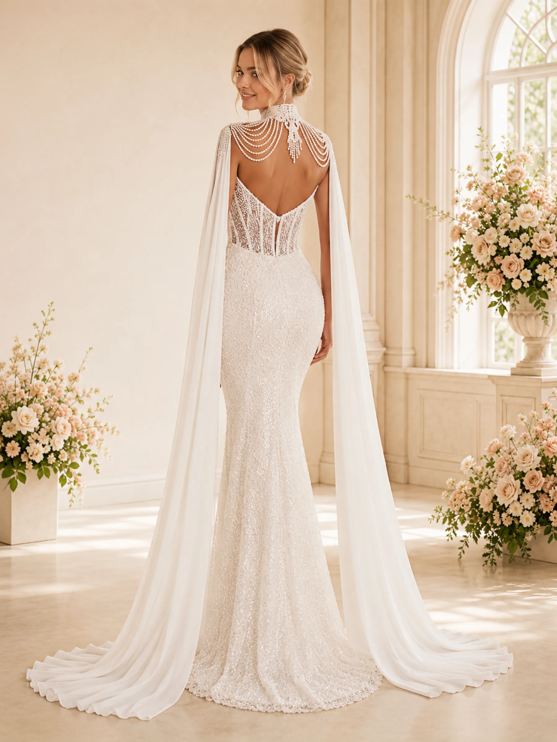 ChicSew Plunging High Neck Boning Chiffon Glitter Tulle Mermaid Wedding Dress With Beaded sold by ChicSew product image thumbnail 4