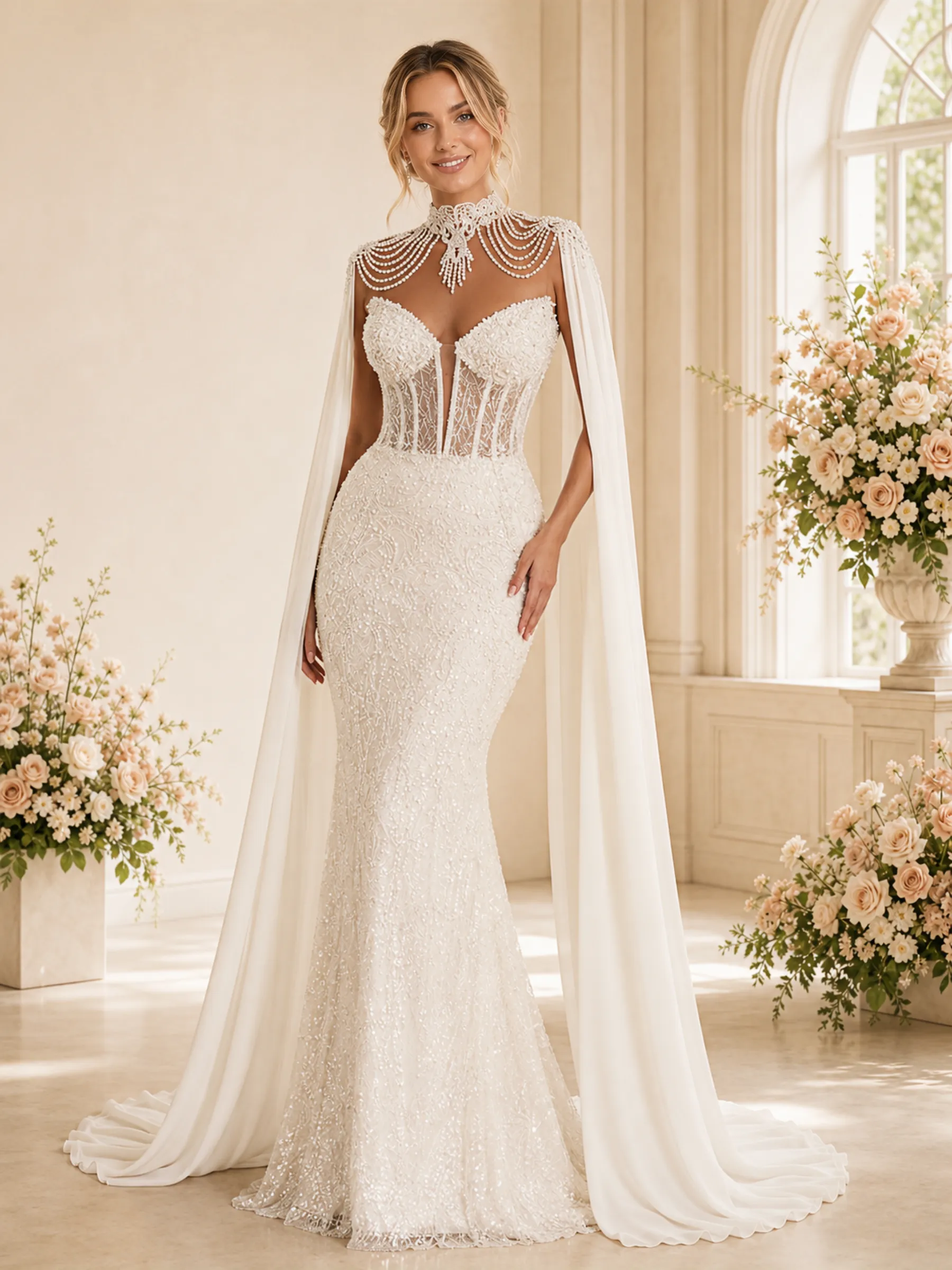ChicSew Plunging High Neck Boning Chiffon Glitter Tulle Mermaid Wedding Dress With Beaded sold by ChicSew