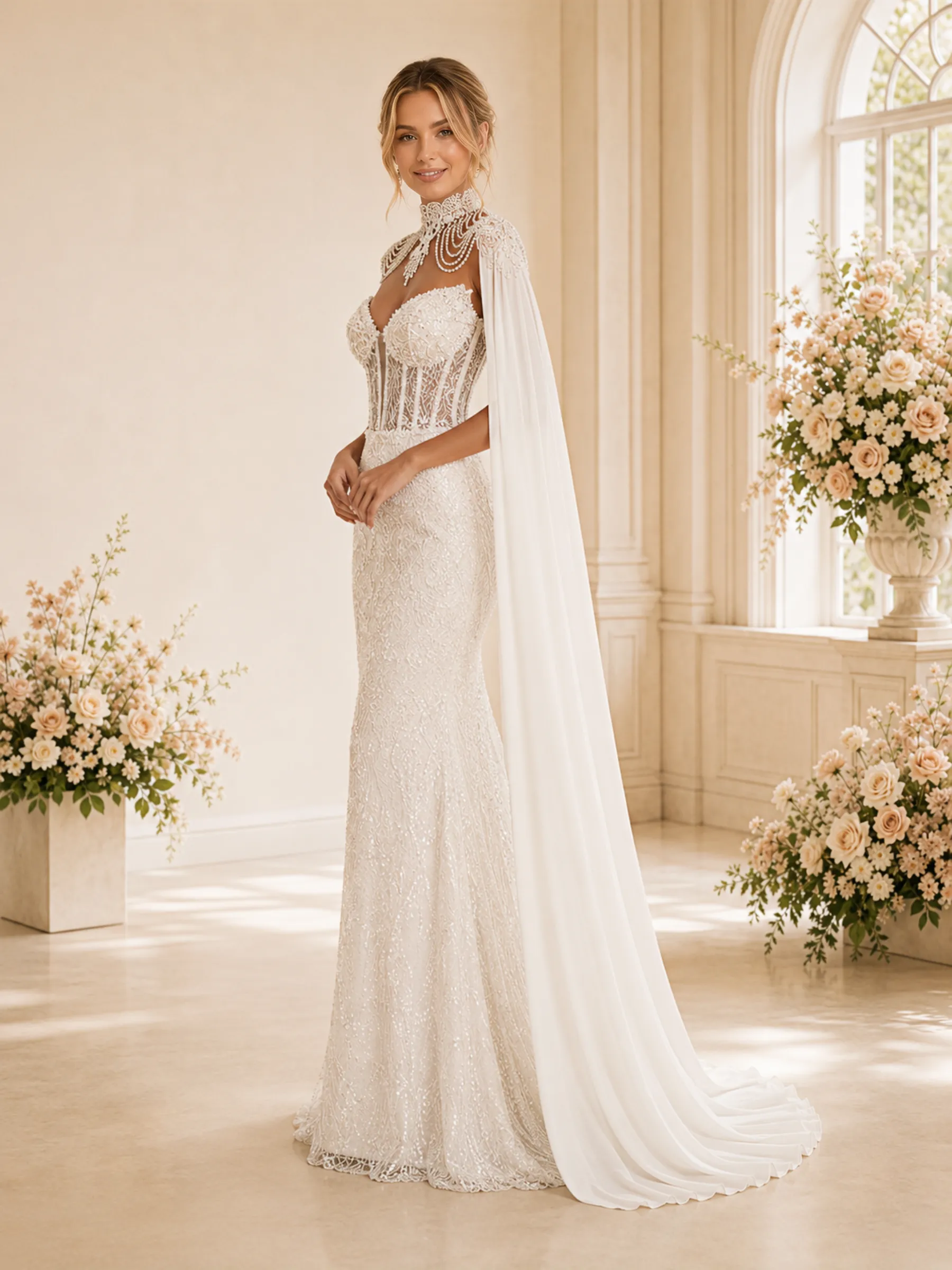 ChicSew Plunging High Neck Boning Chiffon Glitter Tulle Mermaid Wedding Dress With Beaded sold by ChicSew product image thumbnail 3