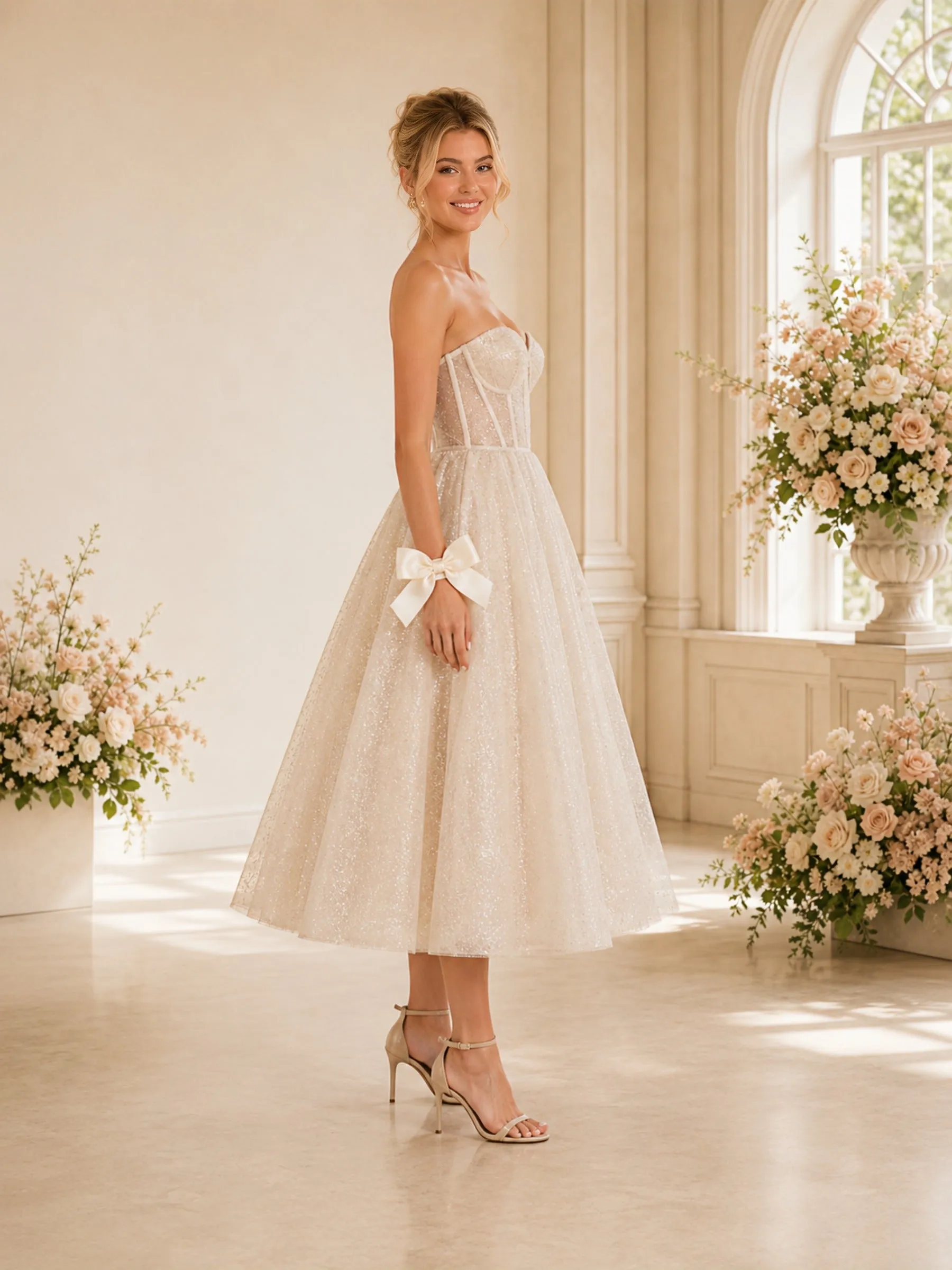 ChicSew Elegant A-line Sweetheart Boning Glitter Tulle Tea-Length Wedding Dresses sold by ChicSew product image thumbnail 3