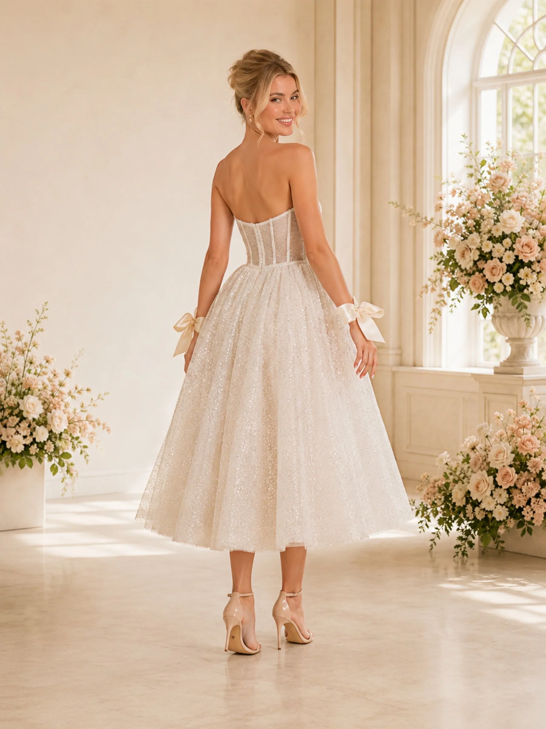 ChicSew Elegant A-line Sweetheart Boning Glitter Tulle Tea-Length Wedding Dresses sold by ChicSew product image thumbnail 4