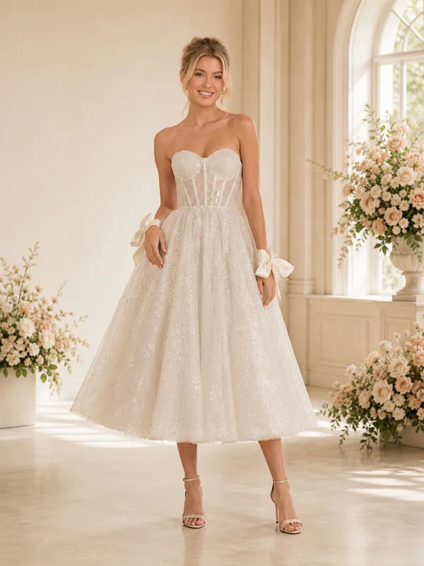 ChicSew Elegant A-line Sweetheart Boning Glitter Tulle Tea-Length Wedding Dresses made by ChicSew