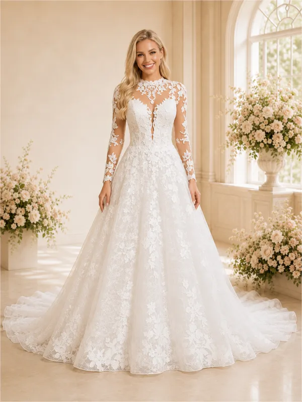 ChicSew Romantic High Neck Long Sleeves Lace Tulle A-Line Maxi Long Wedding Dresses made by ChicSew