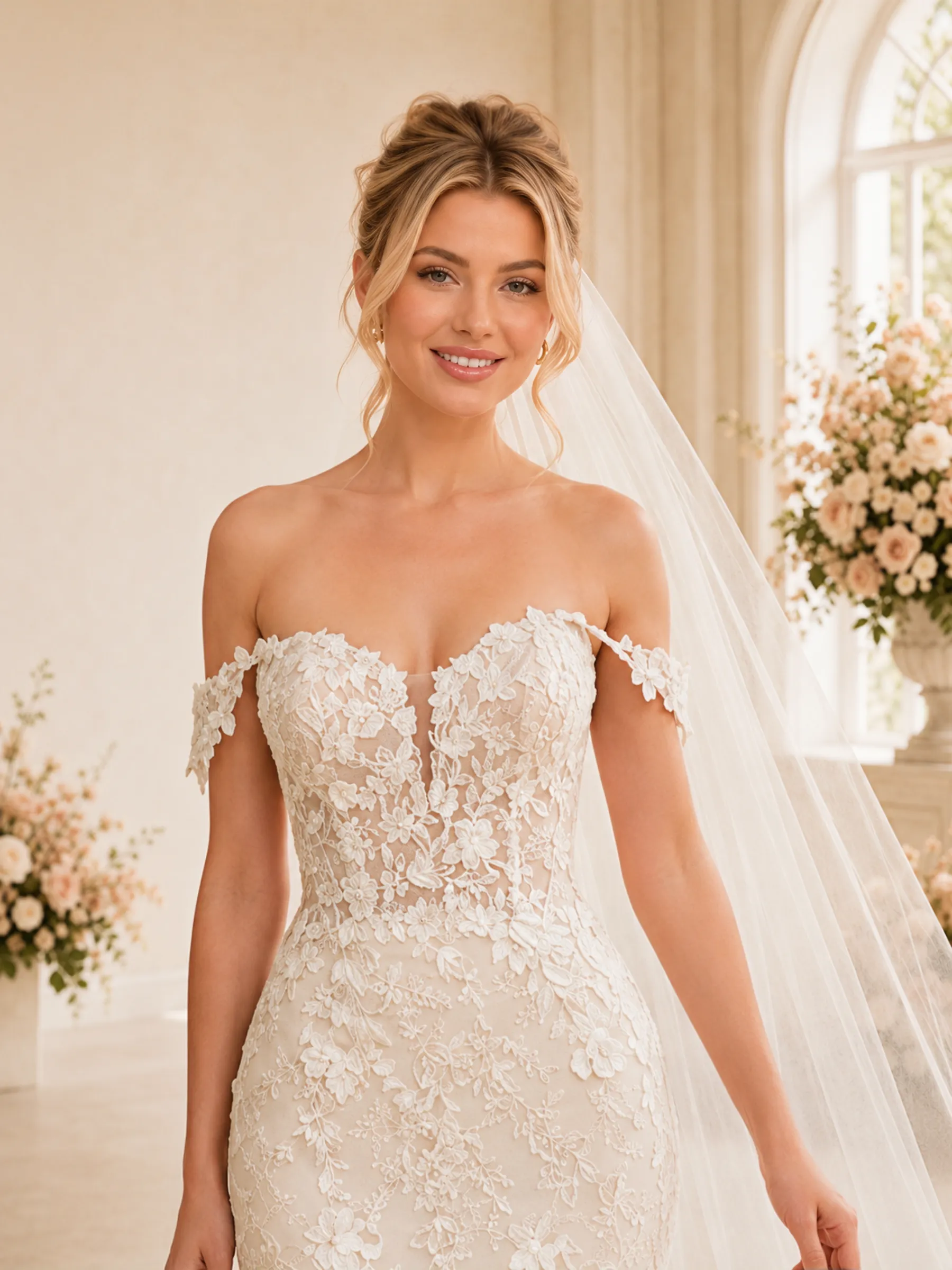 ChicSew Romantic Off Shoulder Mermaid Lace Tulle Floor-Length Wedding Dresses With Train sold by ChicSew product image thumbnail 2