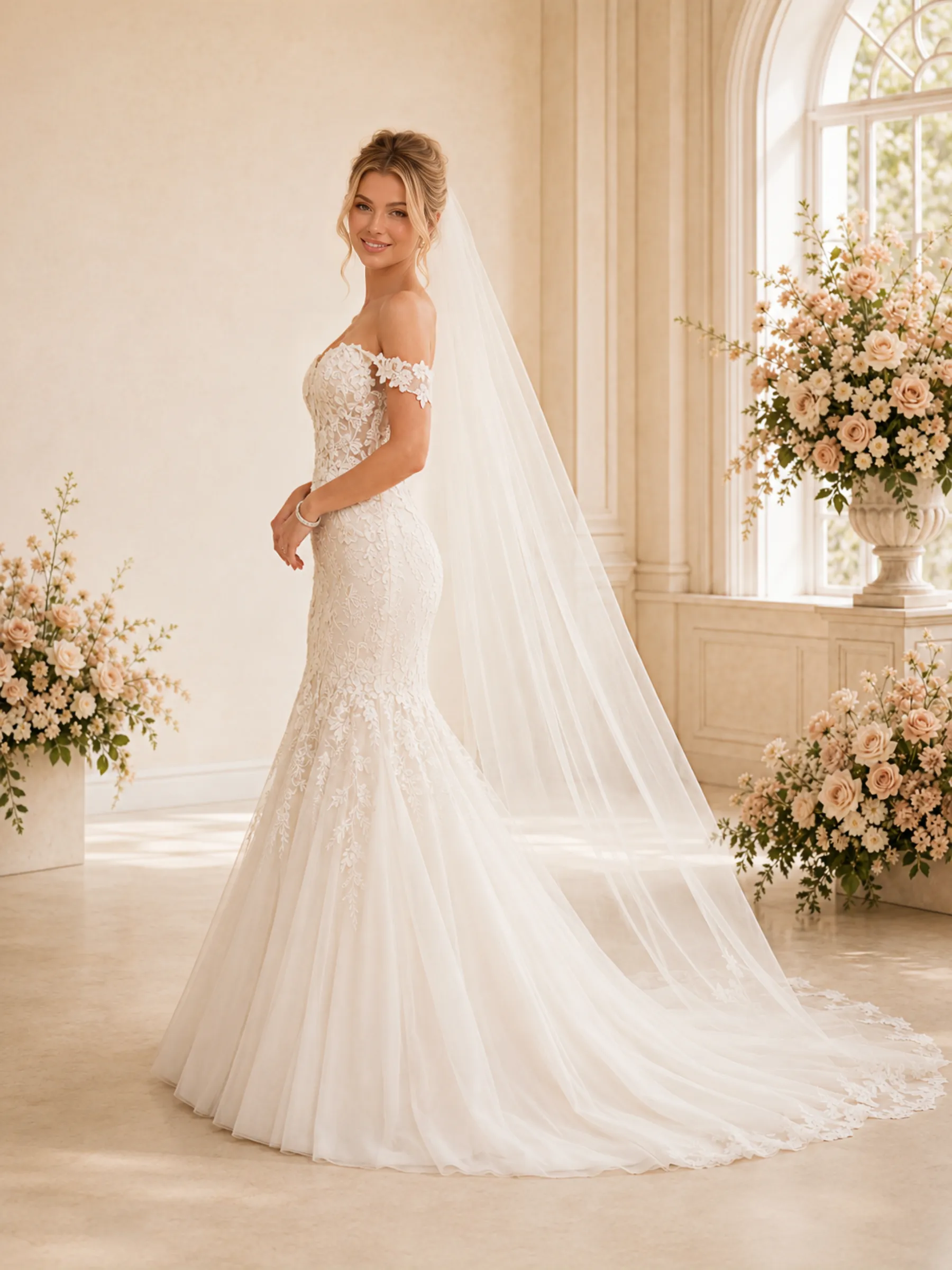 ChicSew Romantic Off Shoulder Mermaid Lace Tulle Floor-Length Wedding Dresses With Train sold by ChicSew product image thumbnail 3