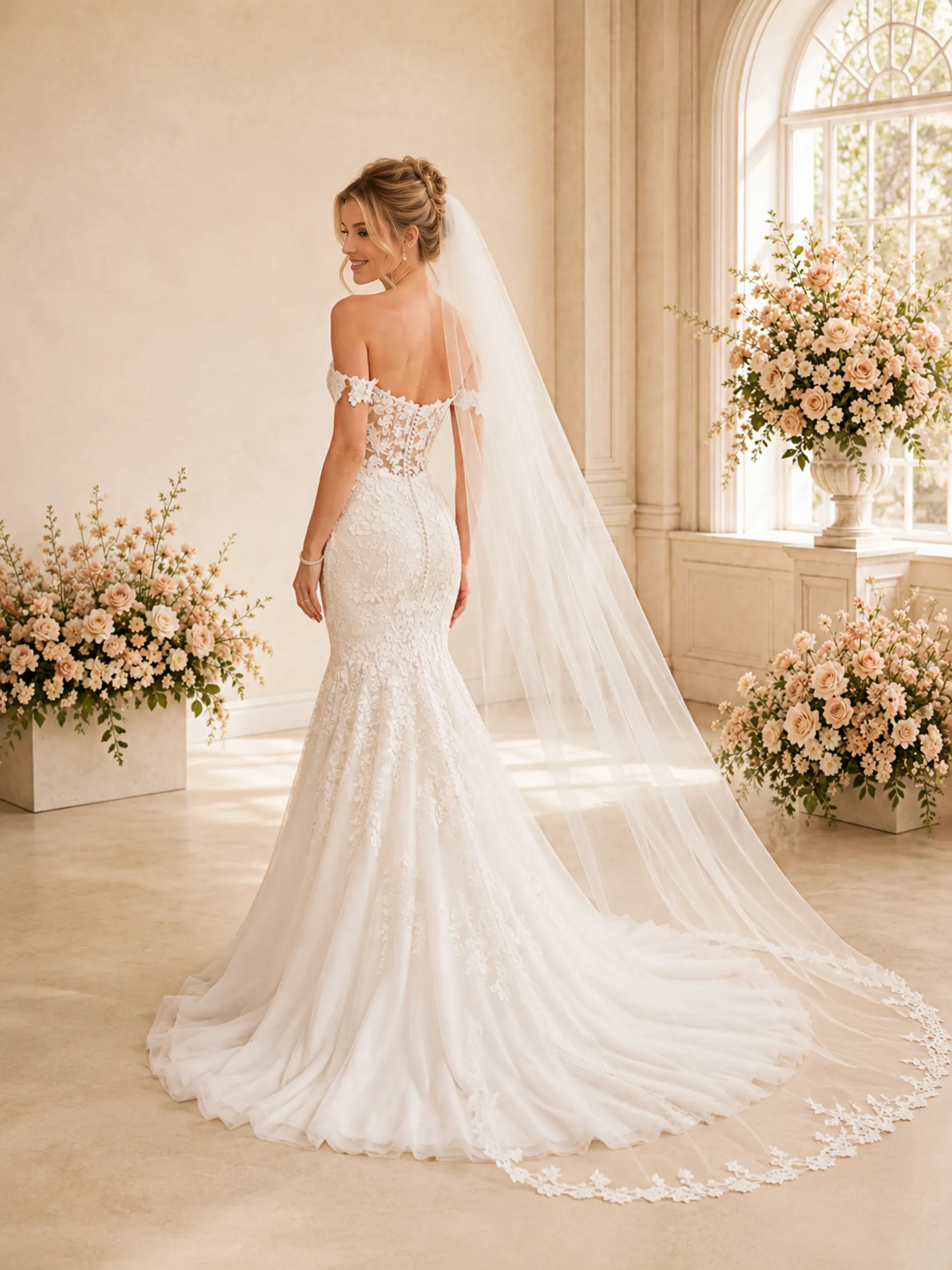 ChicSew Romantic Off Shoulder Mermaid Lace Tulle Floor-Length Wedding Dresses With Train sold by ChicSew product image thumbnail 4