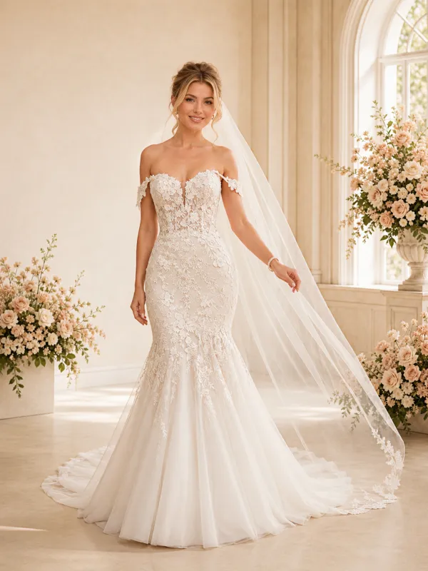 ChicSew Romantic Off Shoulder Mermaid Lace Tulle Floor-Length Wedding Dresses With Train made by ChicSew