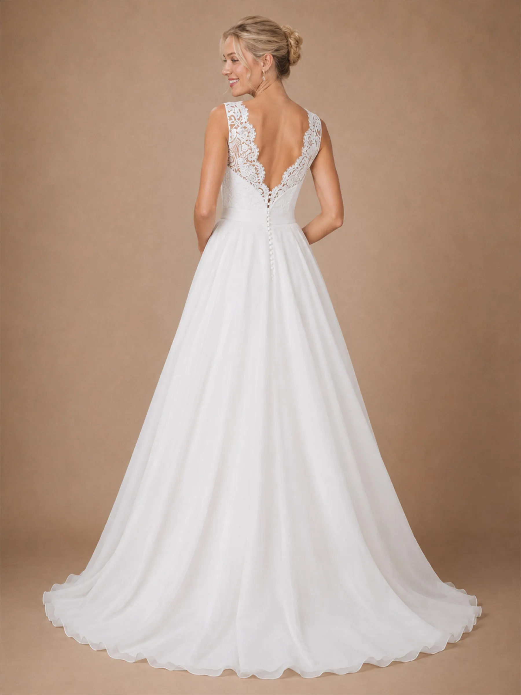 ChicSew Elegant Sleeveless Lace Tulle A-Line V-Neck Long Wedding Dresses sold by ChicSew product image thumbnail 3