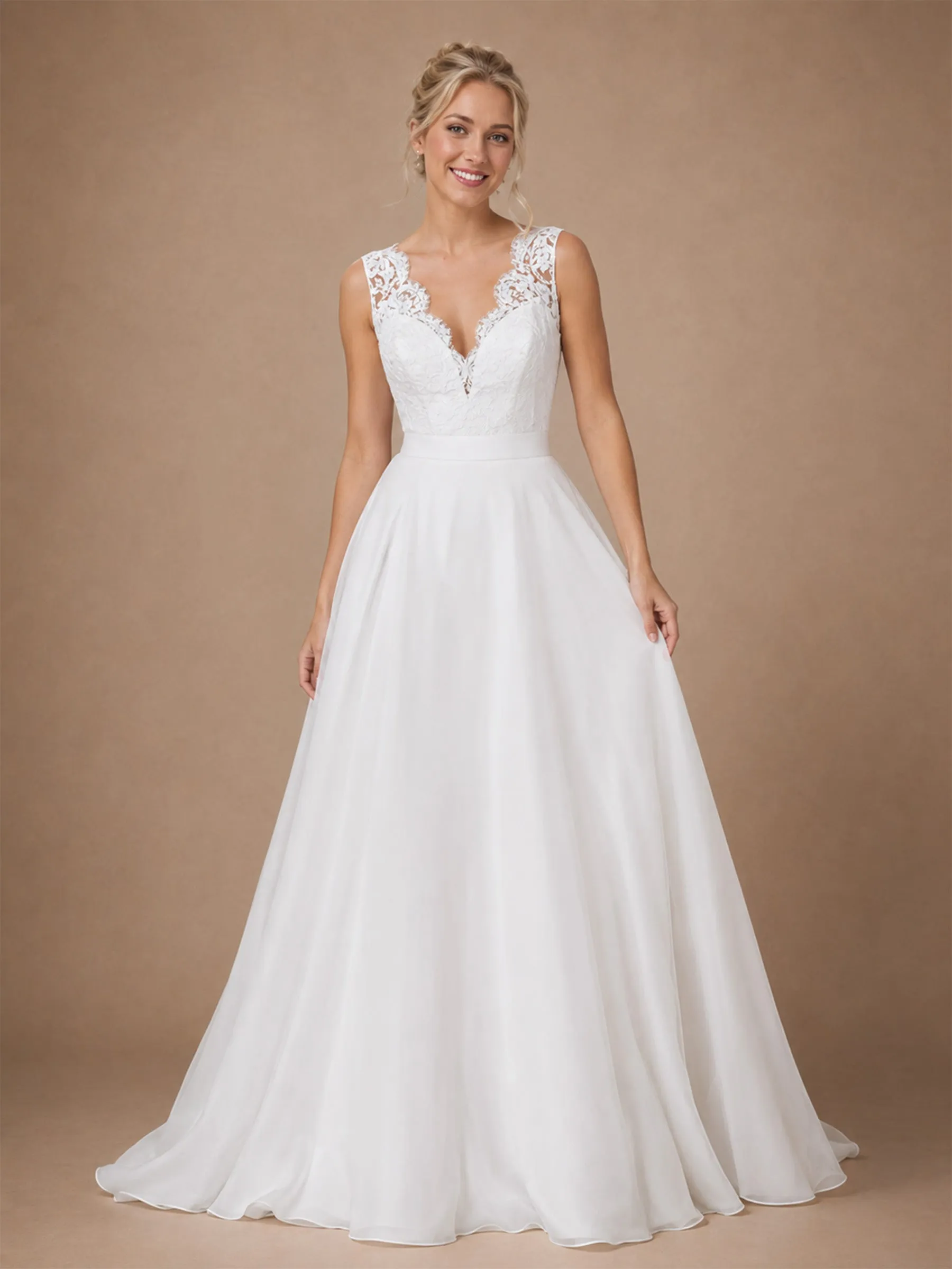 ChicSew Elegant Sleeveless Lace Tulle A-Line V-Neck Long Wedding Dresses sold by ChicSew