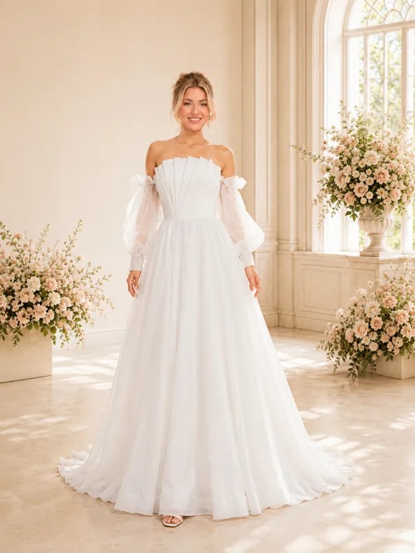 ChicSew Unique Ruching Strapless 3/4 Sleeves A-Line Floor-Length Wedding Dresses made by ChicSew