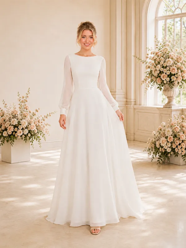 ChicSew Elegant Bateau Long Sleeves Chiffon A-Line Floor-Length Wedding Dresses made by ChicSew