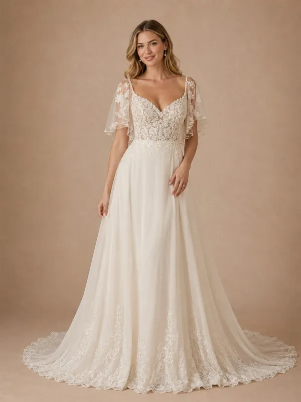 ChicSew Elegant A-Line Lace Tulle V-Neck Flutter Sleeves Maxi Wedding Dresses With Long Train made by ChicSew