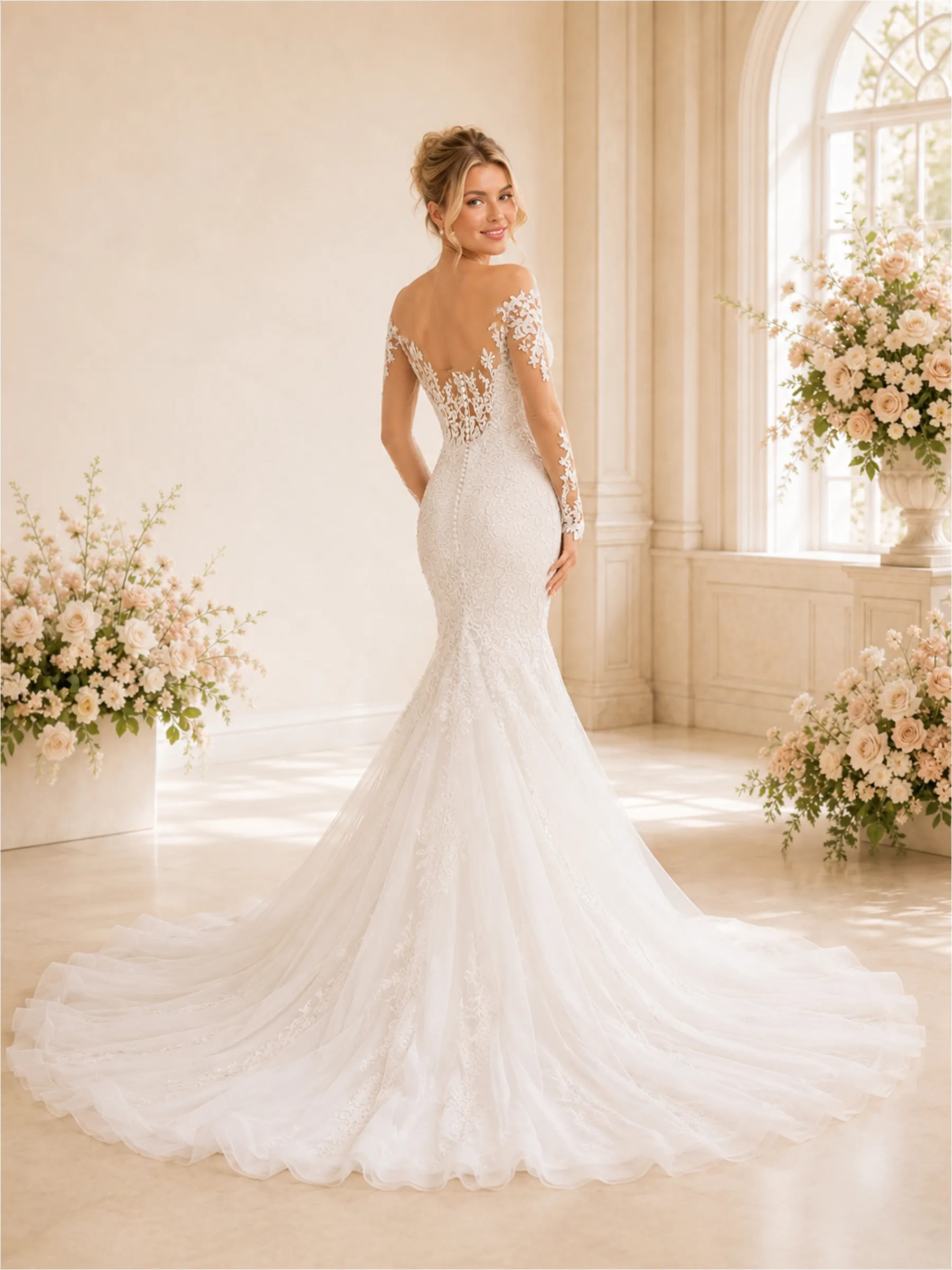 ChicSew Sexy V-Neck Lace Tulle Long Sleeves Mermaid Maxi Wedding Dresses With Long Train sold by ChicSew product image thumbnail 4