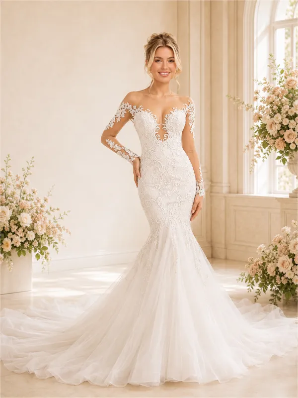 ChicSew Sexy V-Neck Lace Tulle Long Sleeves Mermaid Maxi Wedding Dresses With Long Train made by ChicSew
