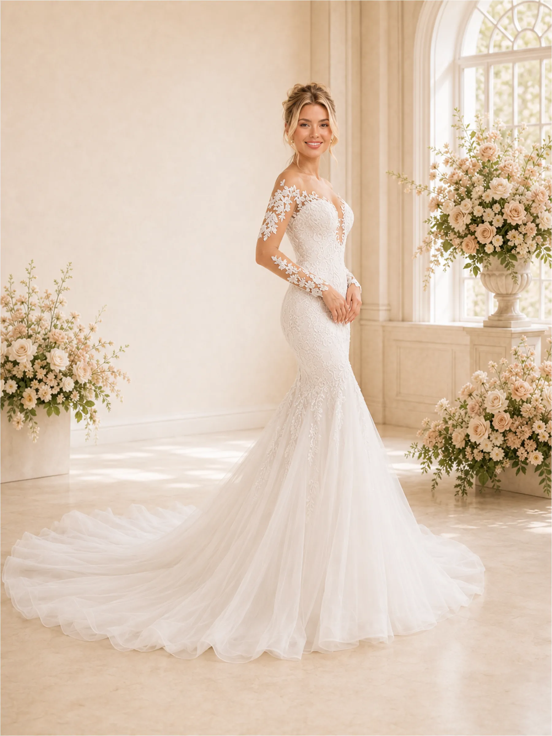 ChicSew Sexy V-Neck Lace Tulle Long Sleeves Mermaid Maxi Wedding Dresses With Long Train sold by ChicSew product image thumbnail 3
