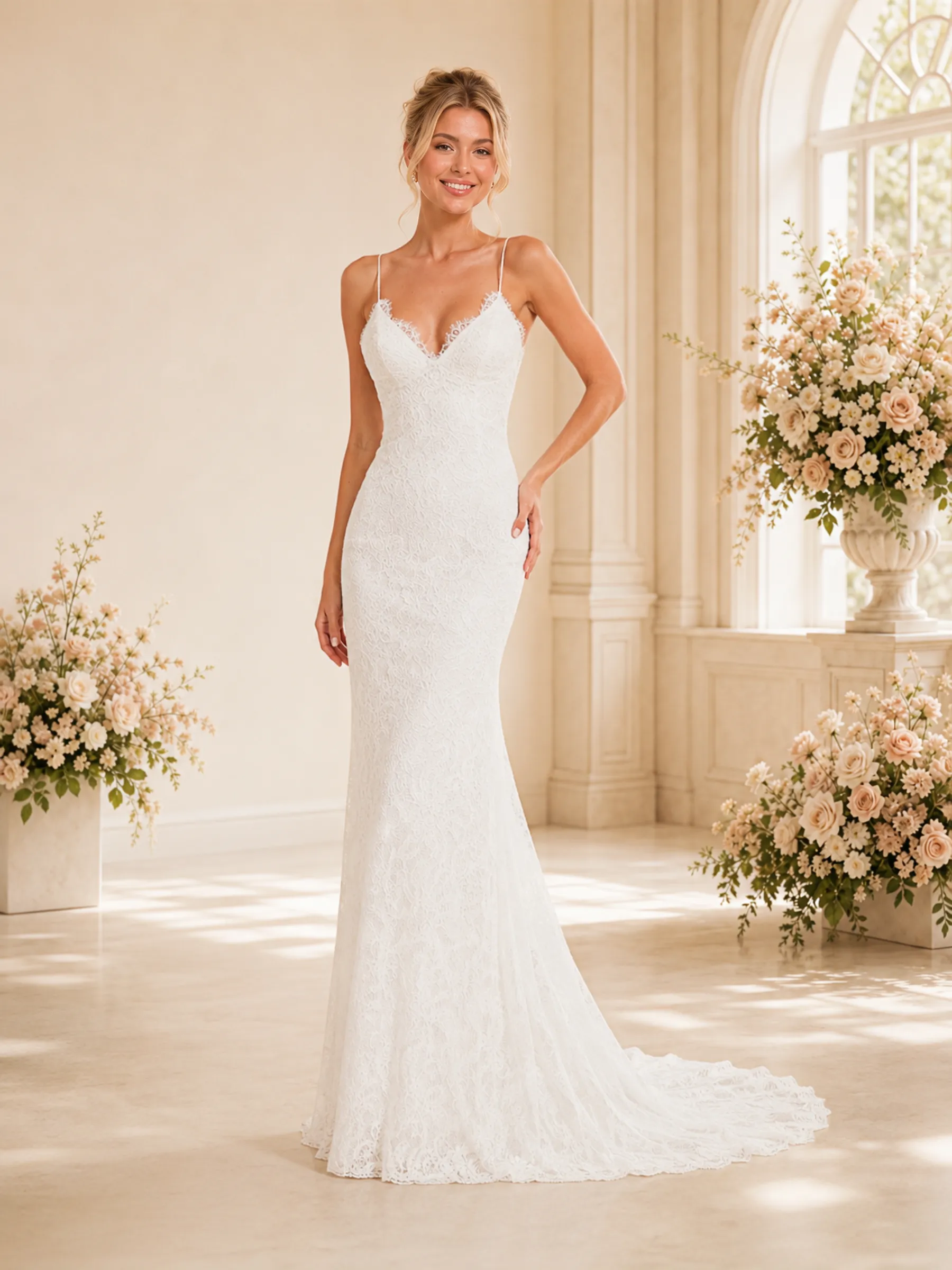 ChicSew Romantic Spaghetti Straps V-Neck Lace Mermaid Wedding Dresses With Train sold by ChicSew