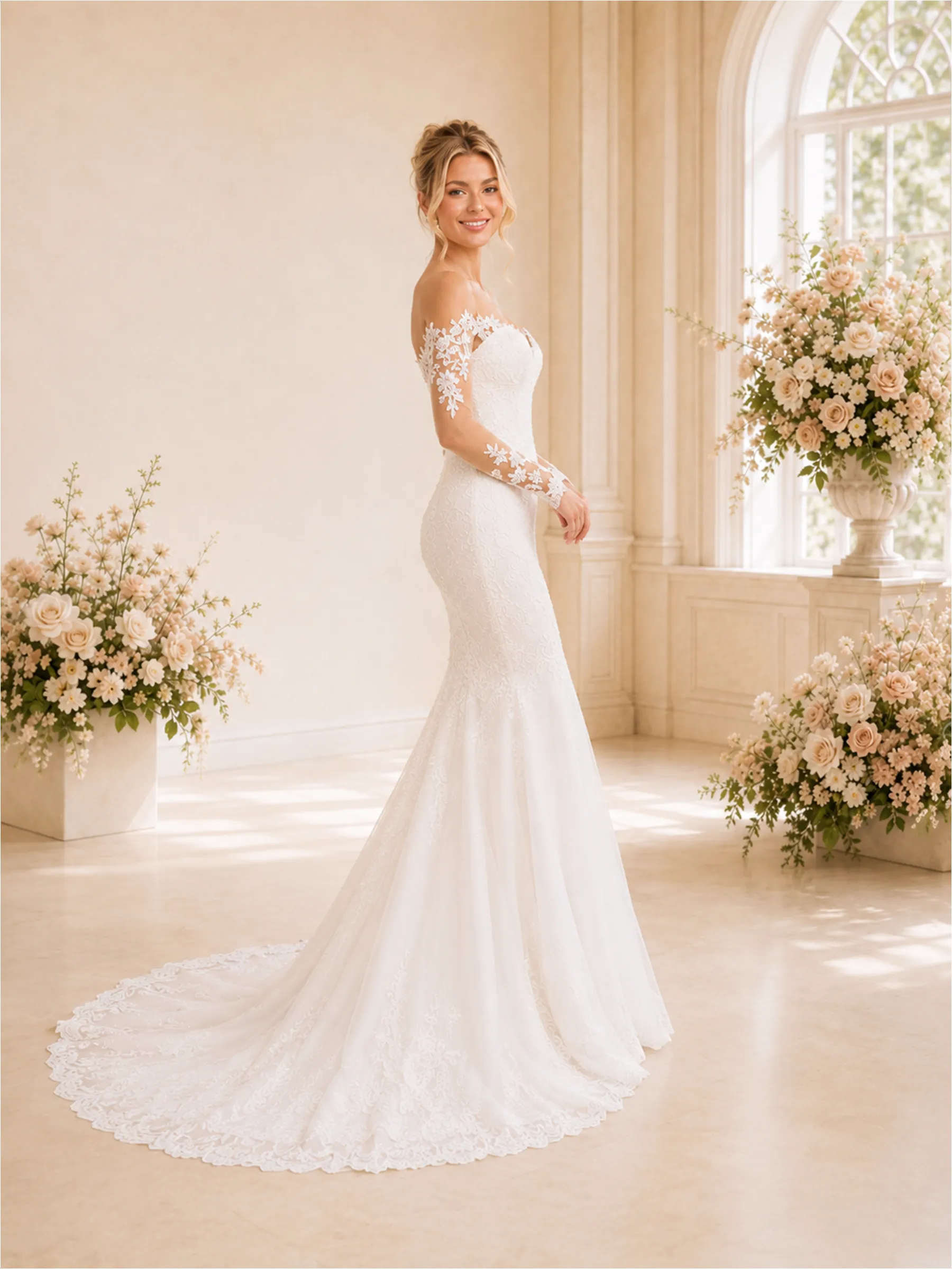 ChicSew Delicate Mermaid Lace Tulle Off The Shoulder Long Sleeves Maxi Wedding Dresses With Train sold by ChicSew product image thumbnail 3