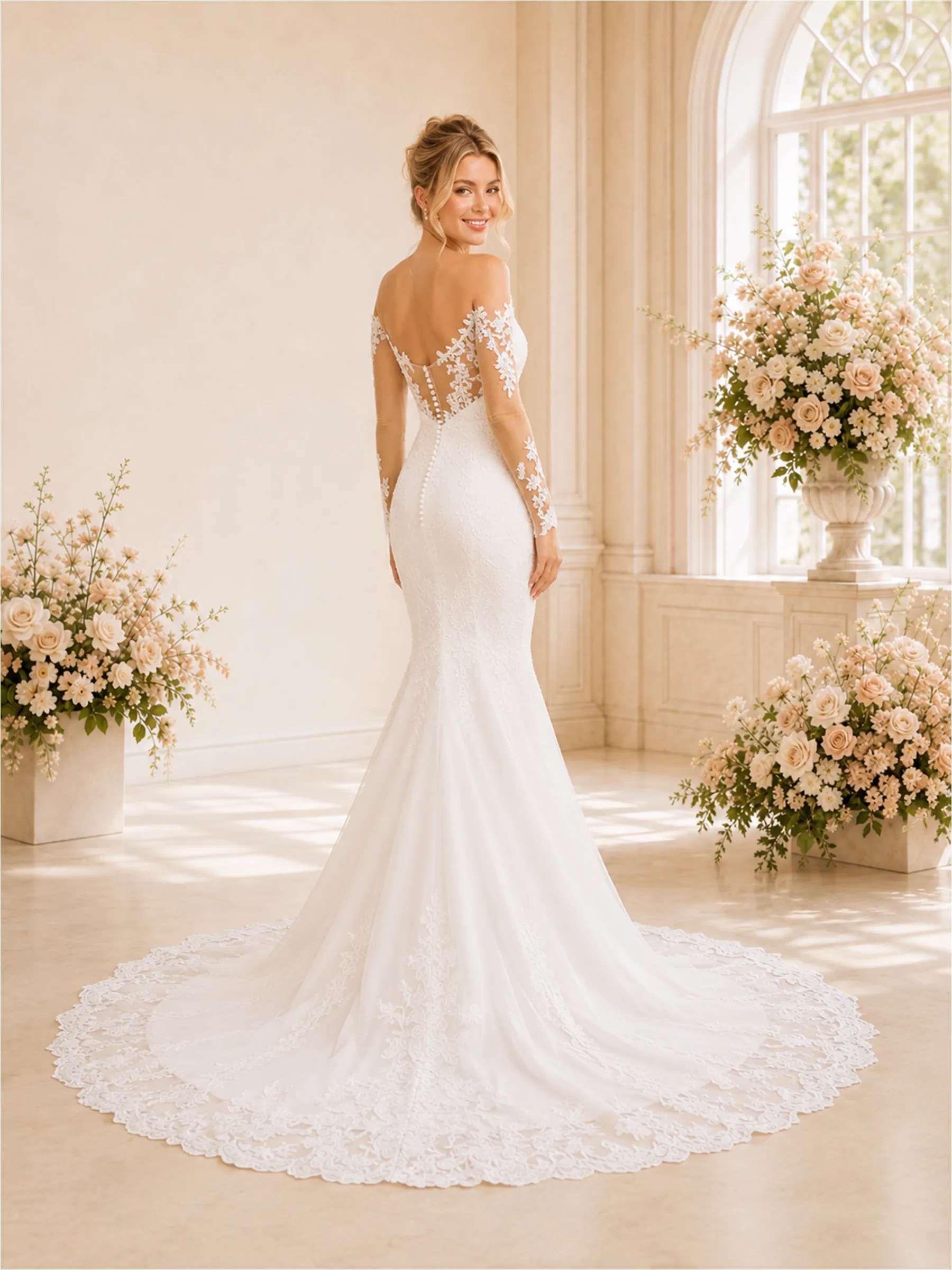 ChicSew Delicate Mermaid Lace Tulle Off The Shoulder Long Sleeves Maxi Wedding Dresses With Train sold by ChicSew product image thumbnail 4