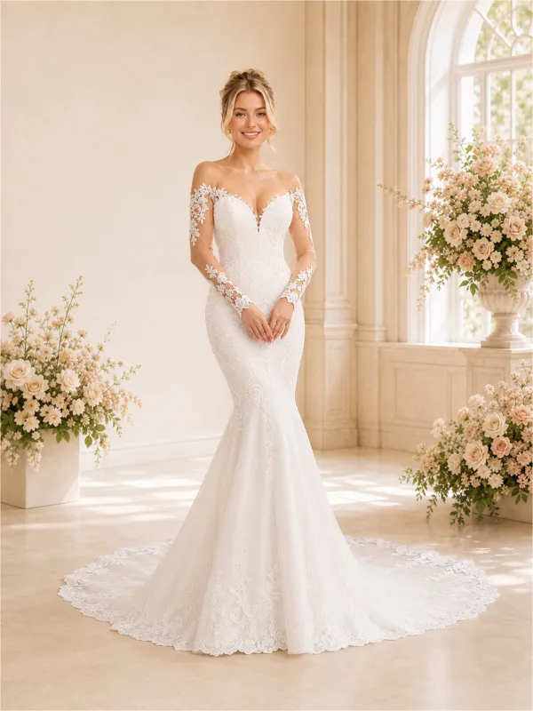 ChicSew Delicate Mermaid Lace Tulle Off The Shoulder Long Sleeves Maxi Wedding Dresses With Train made by ChicSew