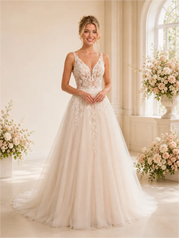 ChicSew Sexy V-Neck Lace Tulle Sleeveless A-Line Floor-Length Wedding Dresses made by ChicSew