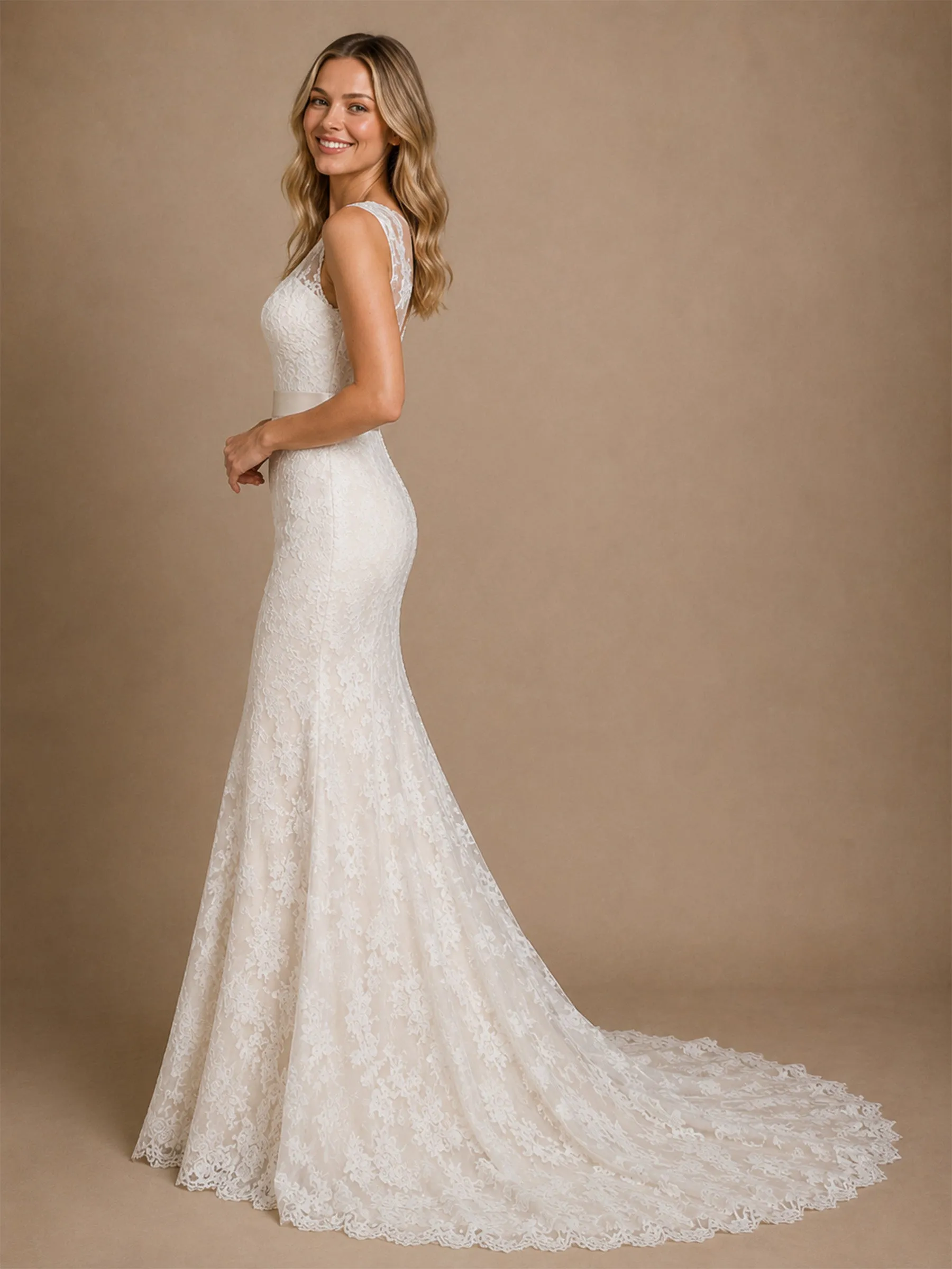 ChicSew Elegant Mermaid V-Neck Sleeveless Lace Tulle Maxi Wedding Dresses With Satin Belt sold by ChicSew product image thumbnail 4