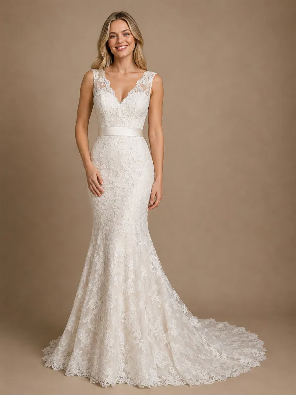 ChicSew Elegant Mermaid V-Neck Sleeveless Lace Tulle Maxi Wedding Dresses With Satin Belt made by ChicSew