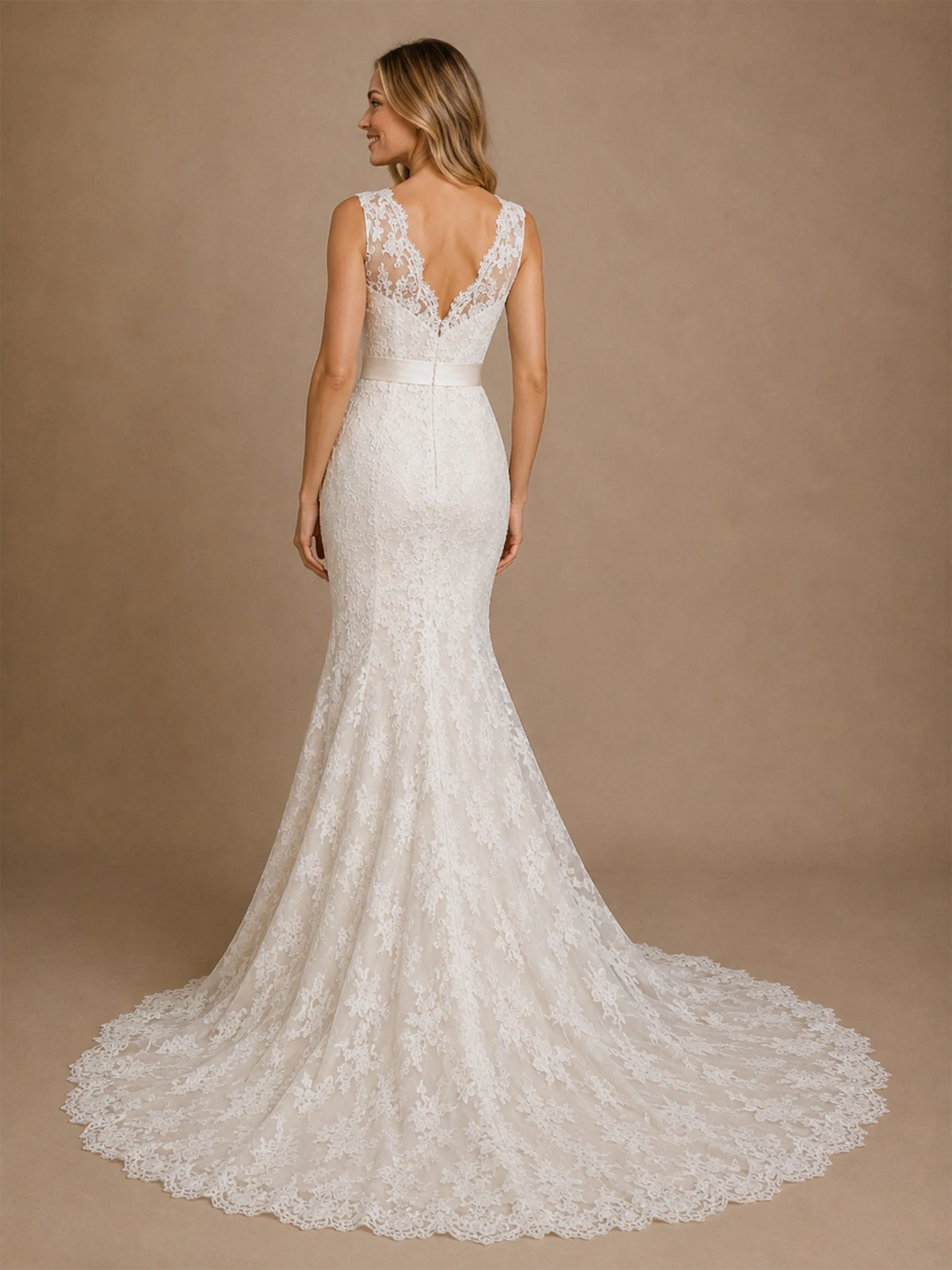 ChicSew Elegant Mermaid V-Neck Sleeveless Lace Tulle Maxi Wedding Dresses With Satin Belt sold by ChicSew product image thumbnail 3