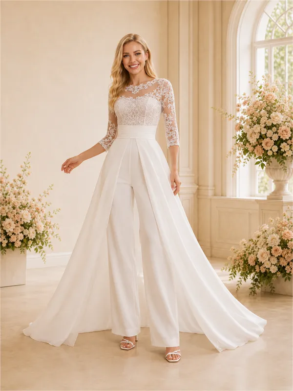 ChicSew Modern Illusion 3/4 Sleeves Chiffon Lace Applique Floor-Length Wedding Jumpsuit With Detachable Overlay made by ChicSew