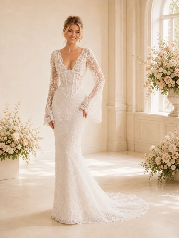 ChicSew Romantic Mermaid Deep V-Neck Long Sleeves Lace Tulle Boning Maxi Wedding Dresses made by ChicSew