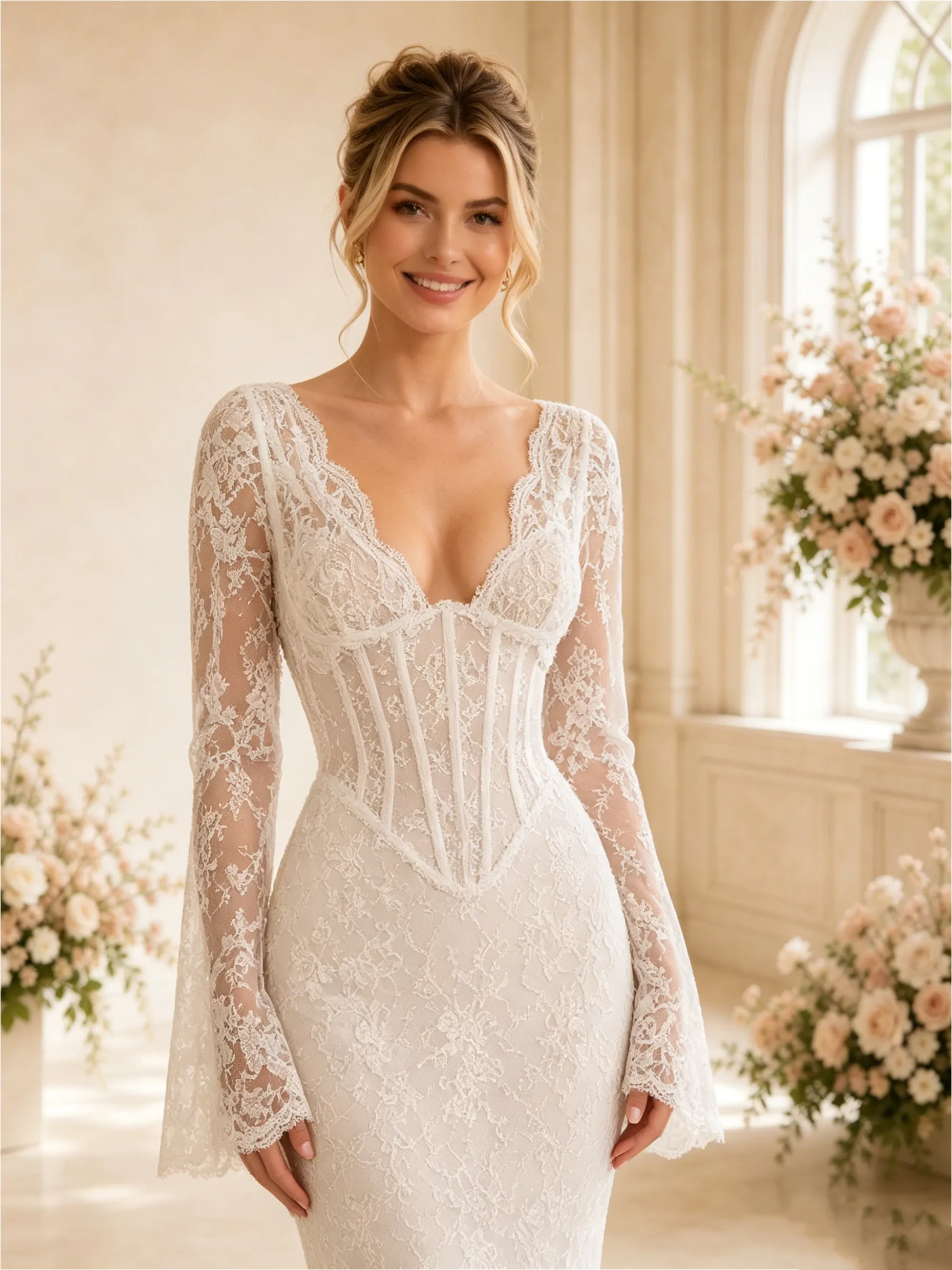 ChicSew Romantic Mermaid Deep V-Neck Long Sleeves Lace Tulle Boning Maxi Wedding Dresses sold by ChicSew product image thumbnail 2