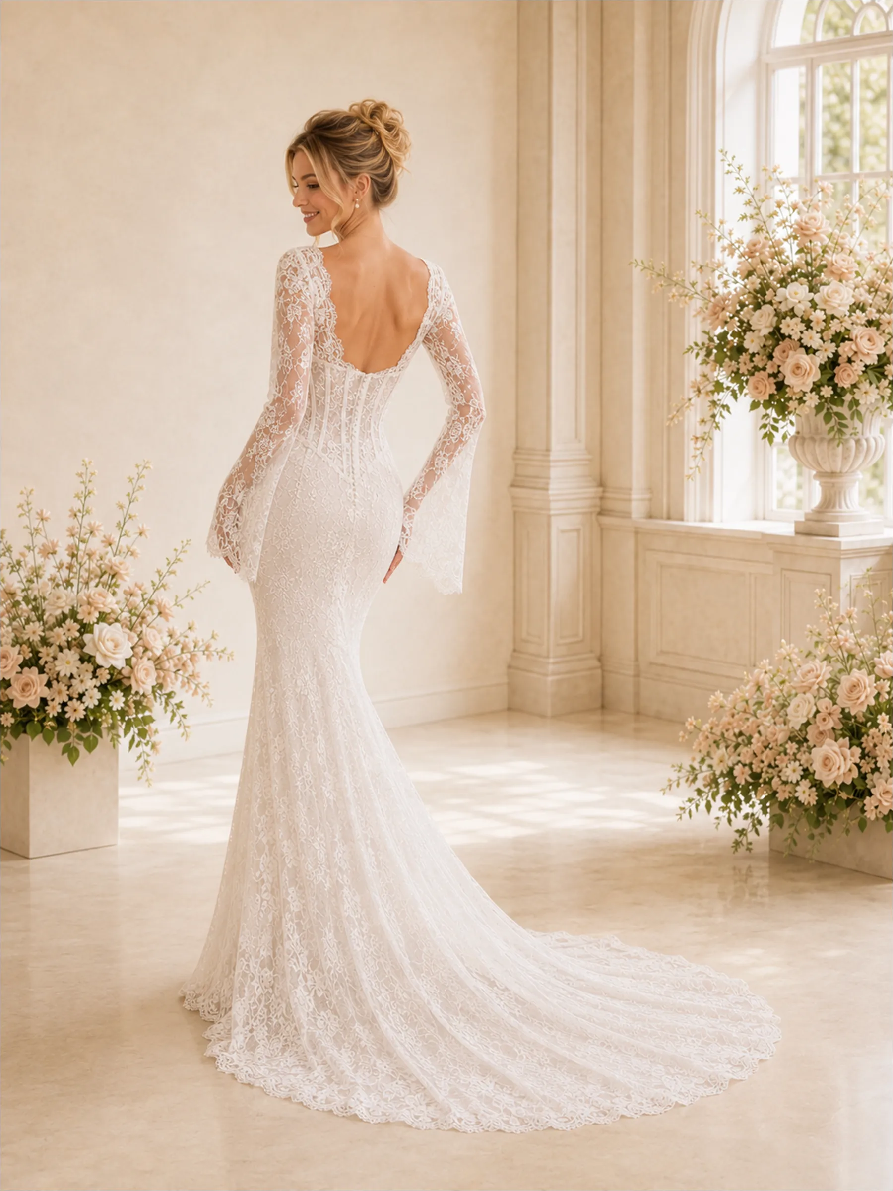ChicSew Romantic Mermaid Deep V-Neck Long Sleeves Lace Tulle Boning Maxi Wedding Dresses sold by ChicSew product image thumbnail 3
