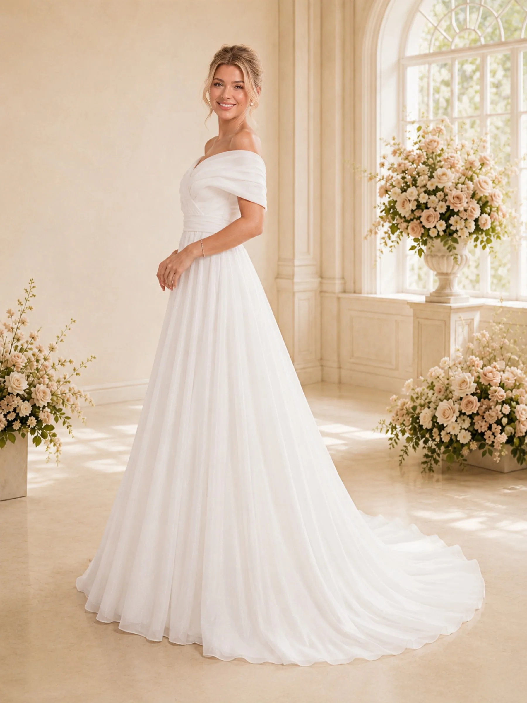 ChicSew Elegant Off The Shoulder Ruching Sleeveless Tulle A-Line Long Wedding Dress sold by ChicSew product image thumbnail 3