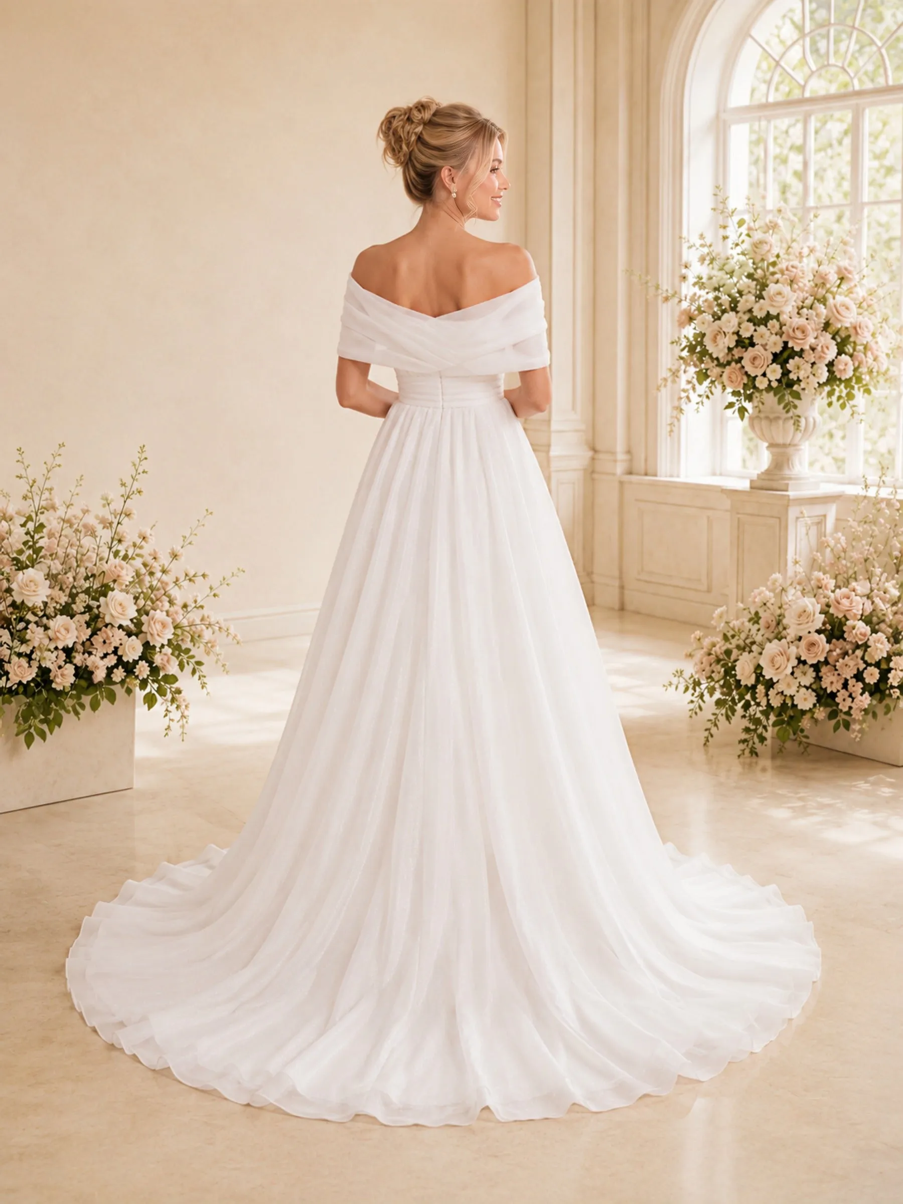ChicSew Elegant Off The Shoulder Ruching Sleeveless Tulle A-Line Long Wedding Dress sold by ChicSew product image thumbnail 4